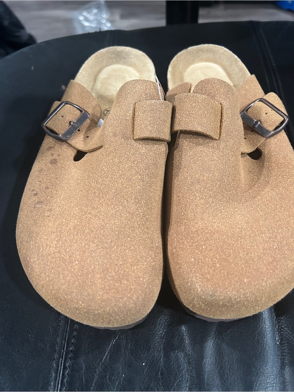 Women's Suede Slip-On Clog Mule in Light Brown with Buckle see marks by buckle